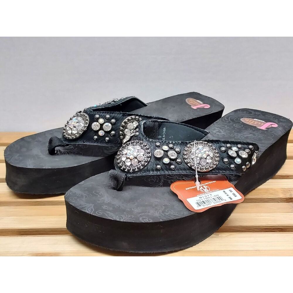 Justin Ladies Western | Black | Misty Rhinestone Thong Platform Sandals Size 9